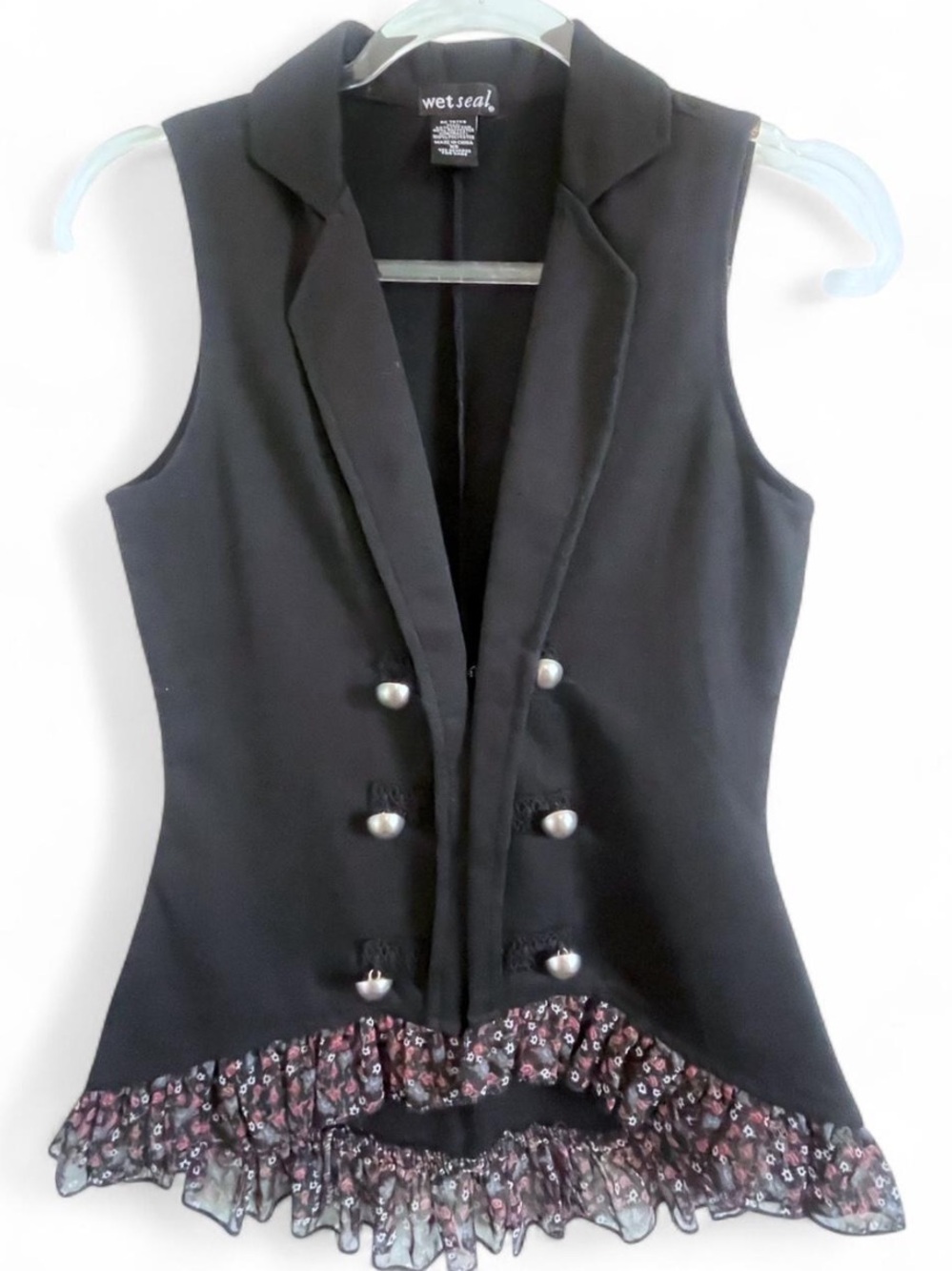 Wet Seal | Y2K Black Vest with Floral Ruffle Trim Size XS